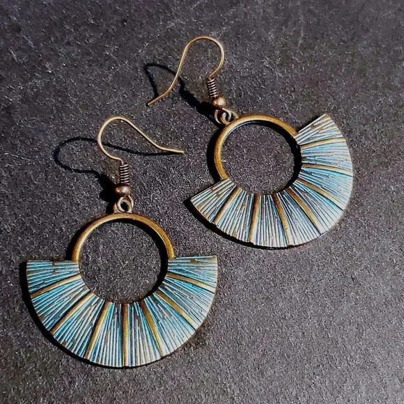 Antique Copper Verdigris Blue Green Patina Round Geometric Open Fan Earrings - Picture 2 of 7